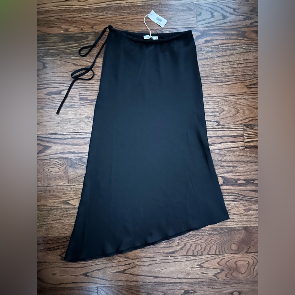 NWT Mod Ref Asymmetrical Black Satin Slip Skirt.  Elastic Tie Waist. Size Small.
